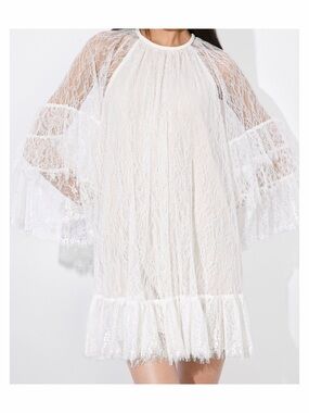 Alice + Olivia NWT White Lace Bell Sleeve Delia Ruffled Mini Dress Size Small